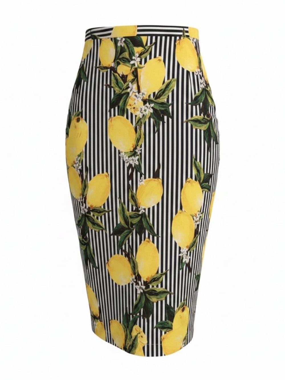 Ovi Yellow Lemon Print Pencil Skirt - Black & White Stripe